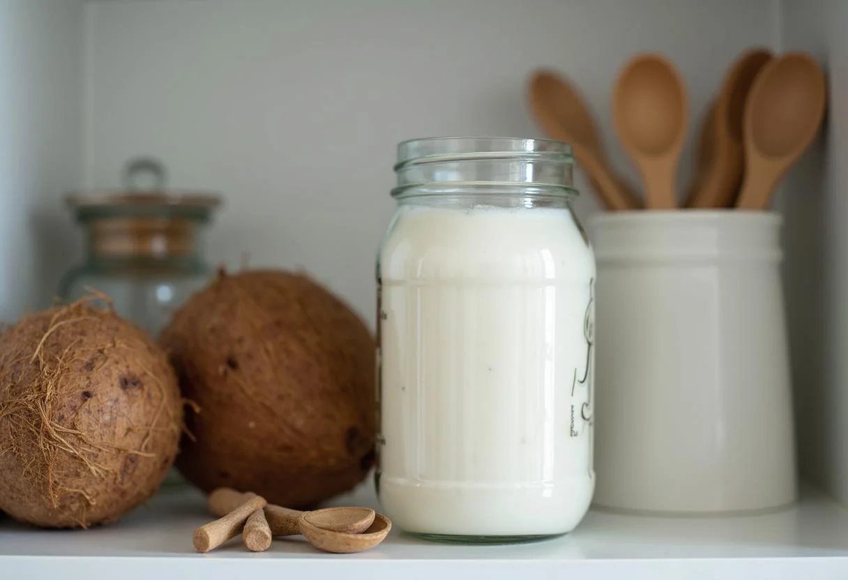 Leite de coco em pó caseiro em um pote, pronto para ser usado em receitas.