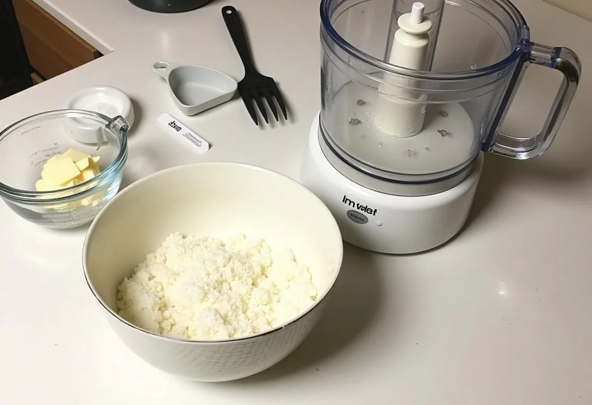 Preparando a mistura de leite de coco em pó com coco ralado fresco e utensílios de cozinha.