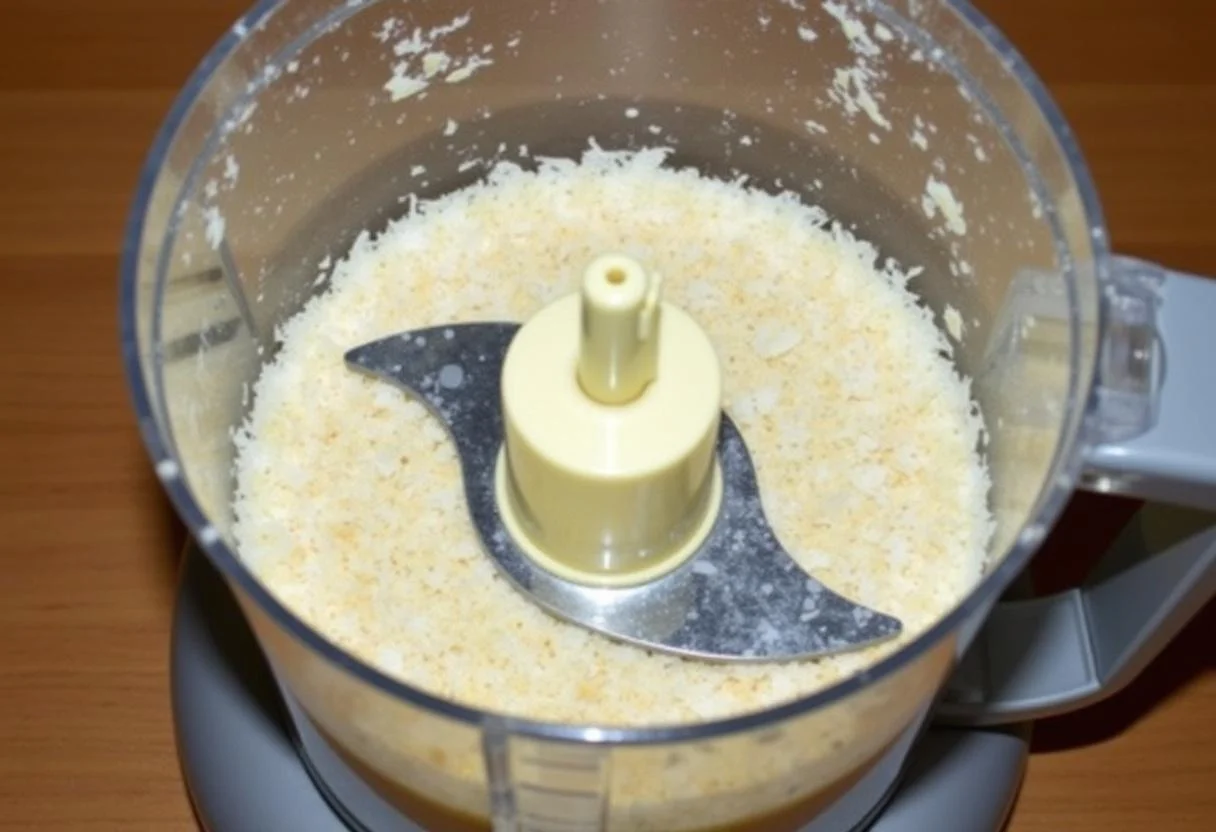 O processador de alimentos misturando coco ralado para fazer leite de coco em pó caseiro.