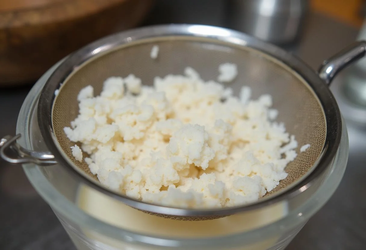 Coando o leite de coco fresco da mistura de coco ralado para o leite de coco em pó.
