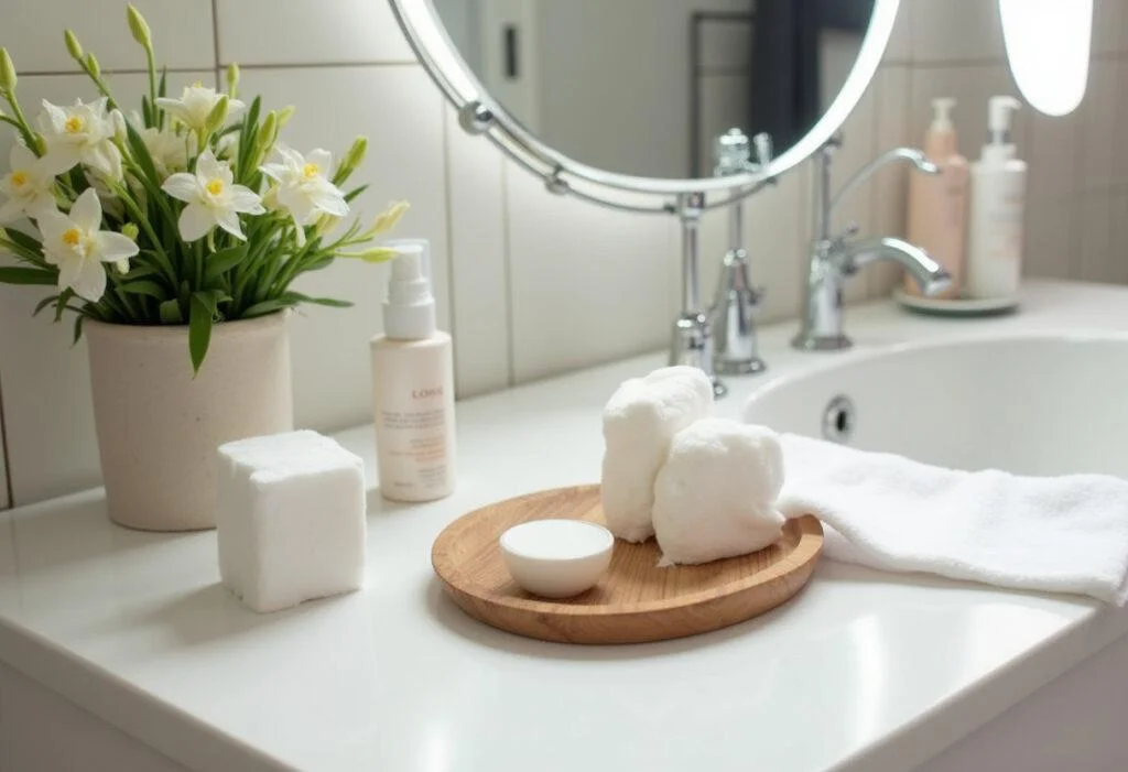 Leite de colônia finalizado em uma mesa de beleza, perfeito para limpeza facial.