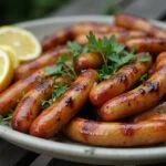 Linguiça de frango caseira grelhada, perfeita para festas e reuniões.