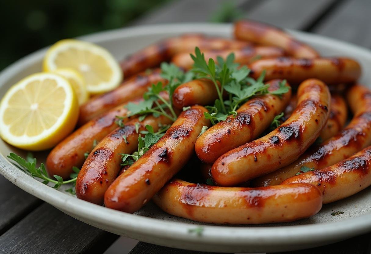 Linguiça de frango caseira grelhada, perfeita para festas e reuniões.