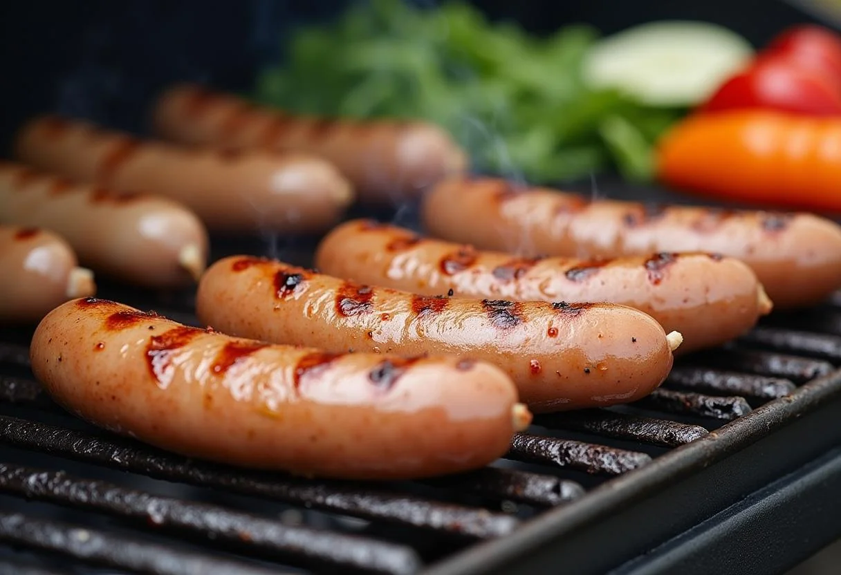 Linguiças de frango sendo grelhadas, prontas para servir na receita de linguiça de frango caseira.