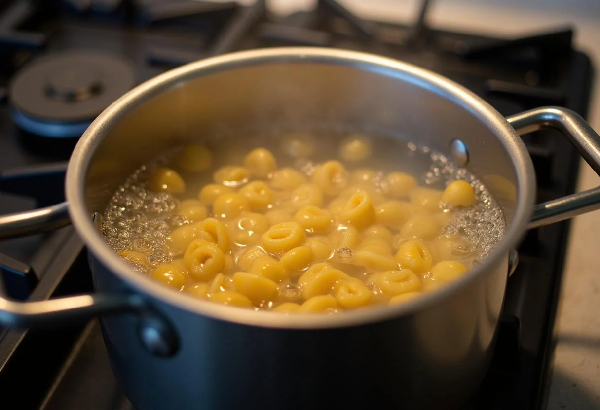 Pacote de macarrão ao lado de uma panela com água fervente para preparar macarrão caseiro simples.