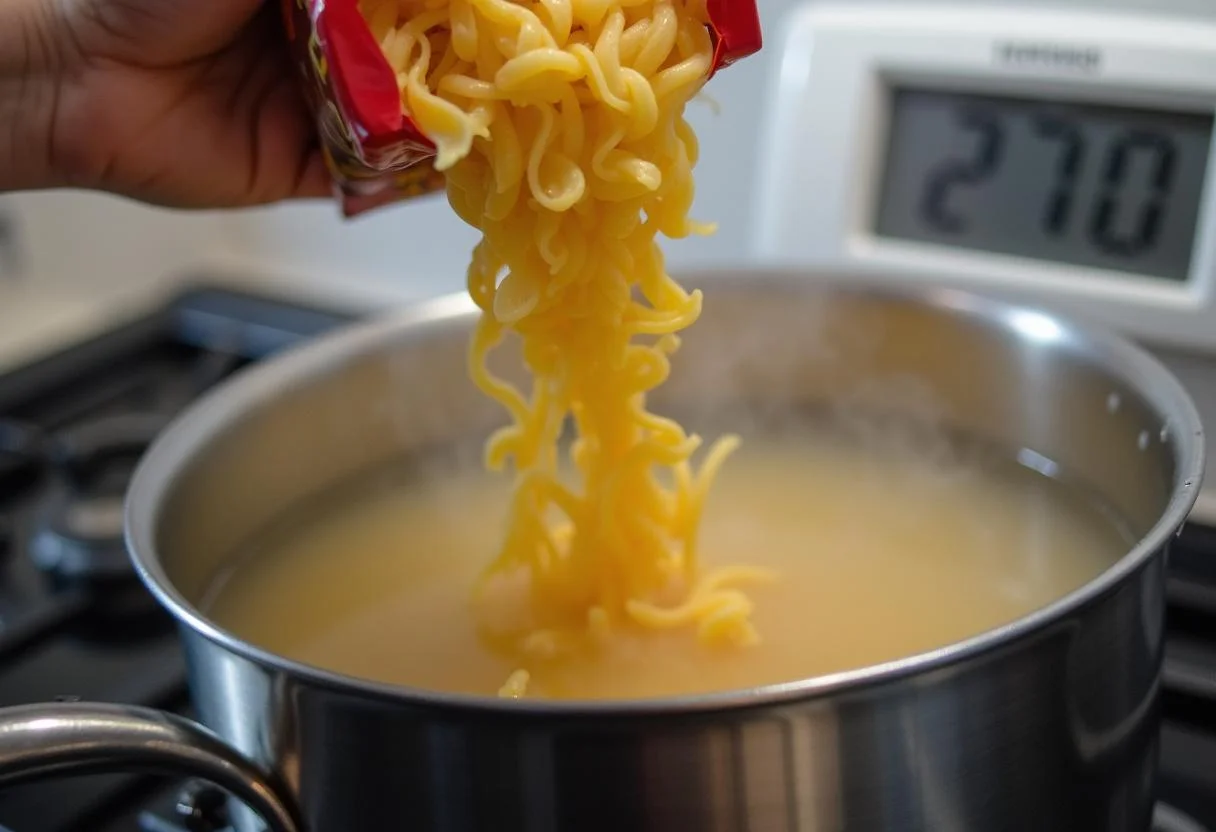 Macarrão sendo adicionado à água fervente para a receita de macarrão caseiro simples.