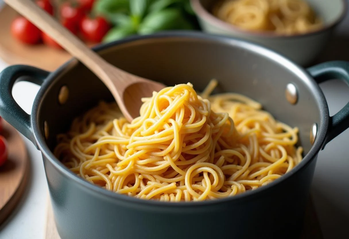 Misturando o macarrão na panela para macarrão caseiro simples, com ingredientes frescos ao fundo.