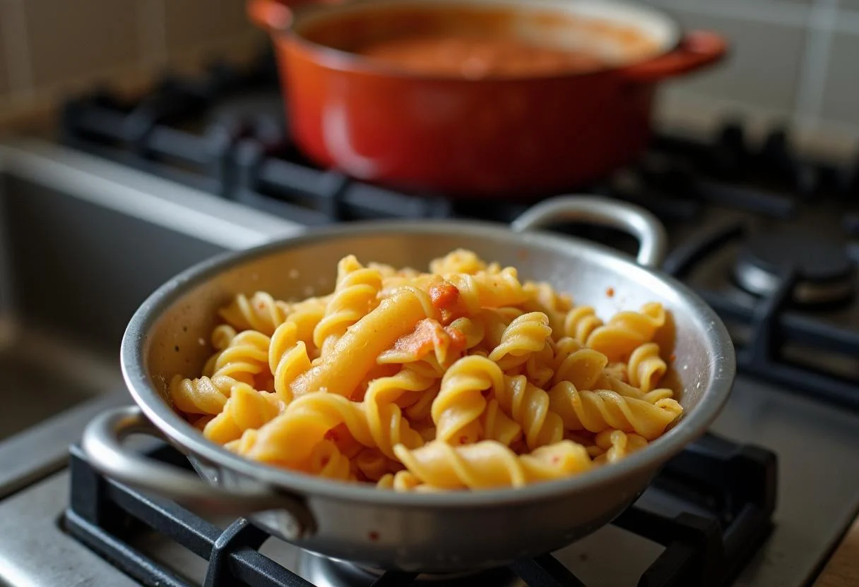 Escorrendo o macarrão em uma peneira para a receita de macarrão caseiro simples.