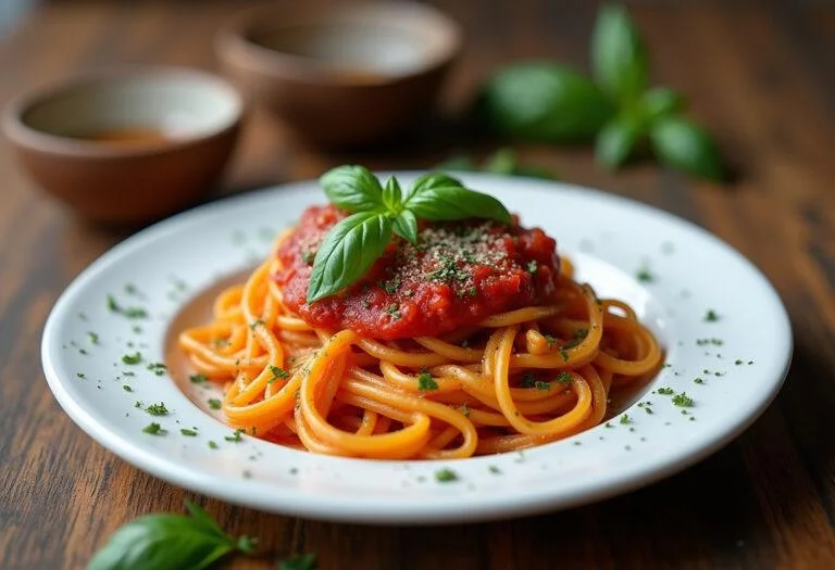 Prato de macarrão caseiro com molho de tomate, perfeito para refeições familiares.