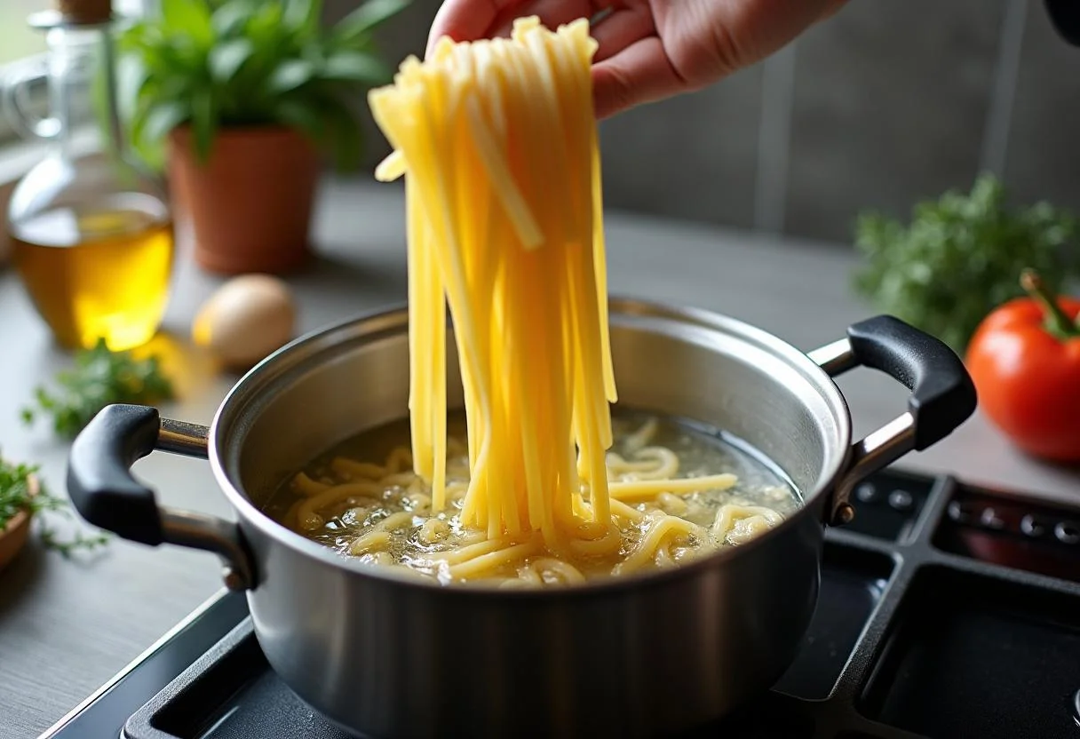 Cozinhando macarrão fresco em água fervente, um passo essencial para o macarrão caseiro.