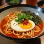 Lamén coreano apimentado servido em uma tigela, decorado com ovo, cebolinhas e flocos de pimenta.