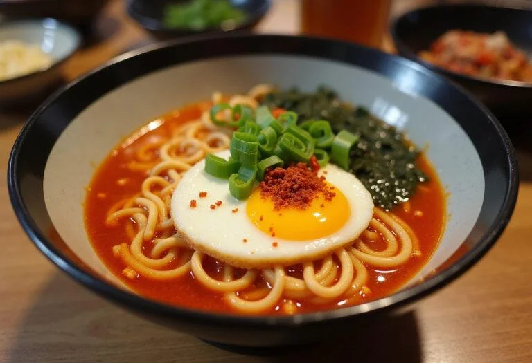 Lamén coreano apimentado servido em uma tigela, decorado com ovo, cebolinhas e flocos de pimenta.