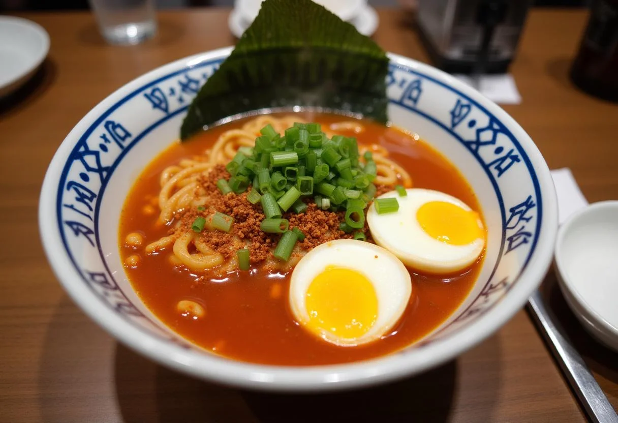 Lamén coreano apimentado servido em uma tigela, decorado com ovo, cebolinhas e flocos de pimenta.