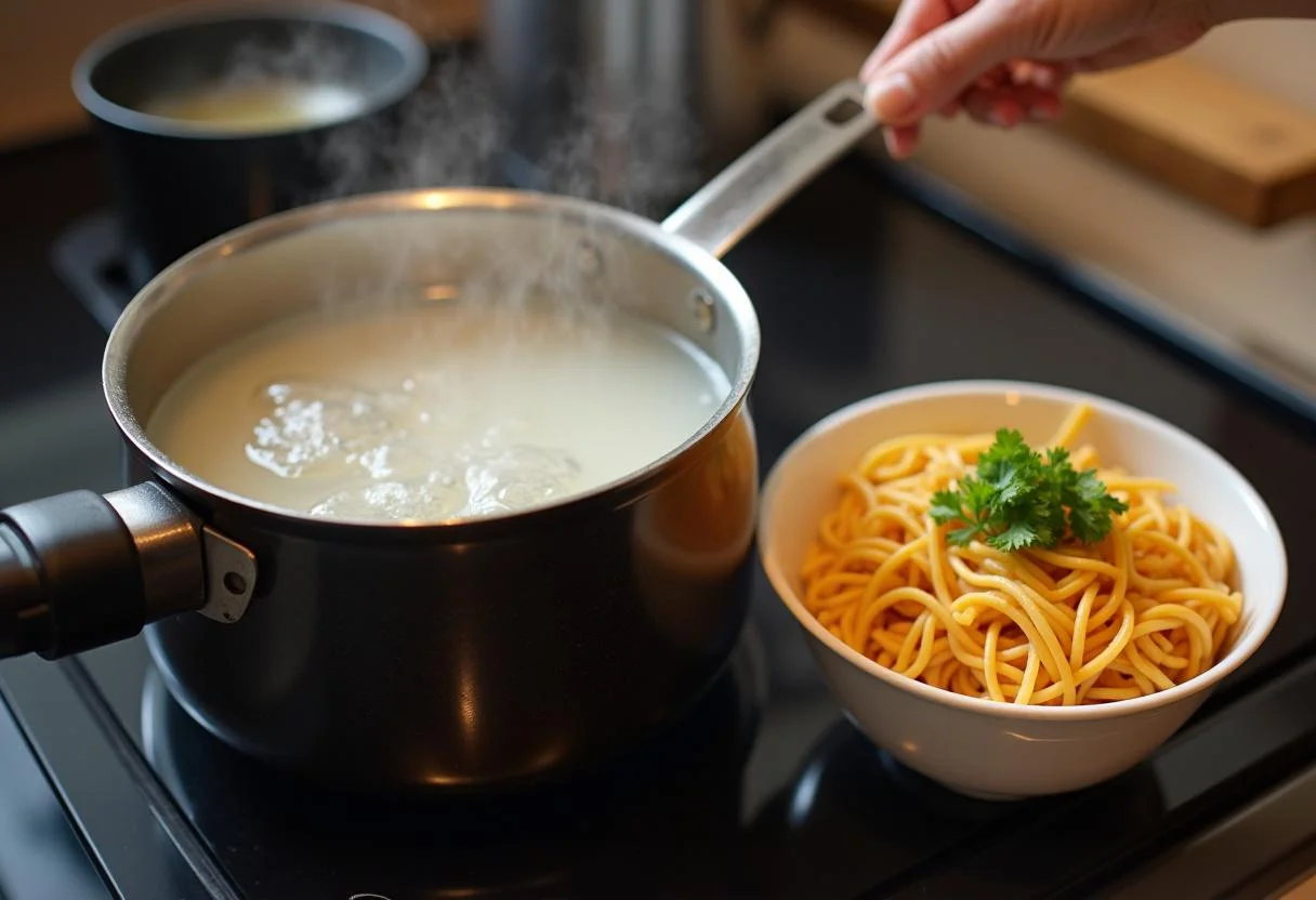 Pacote de macarrão coreano ao lado de uma panela com água fervente para preparar o lamén.