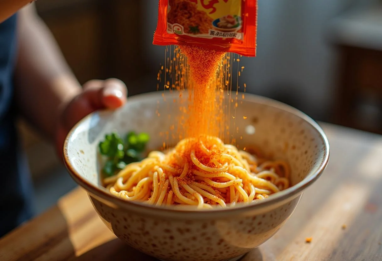 Tempero apimentado sendo adicionado ao macarrão coreano para lamén apimentado.