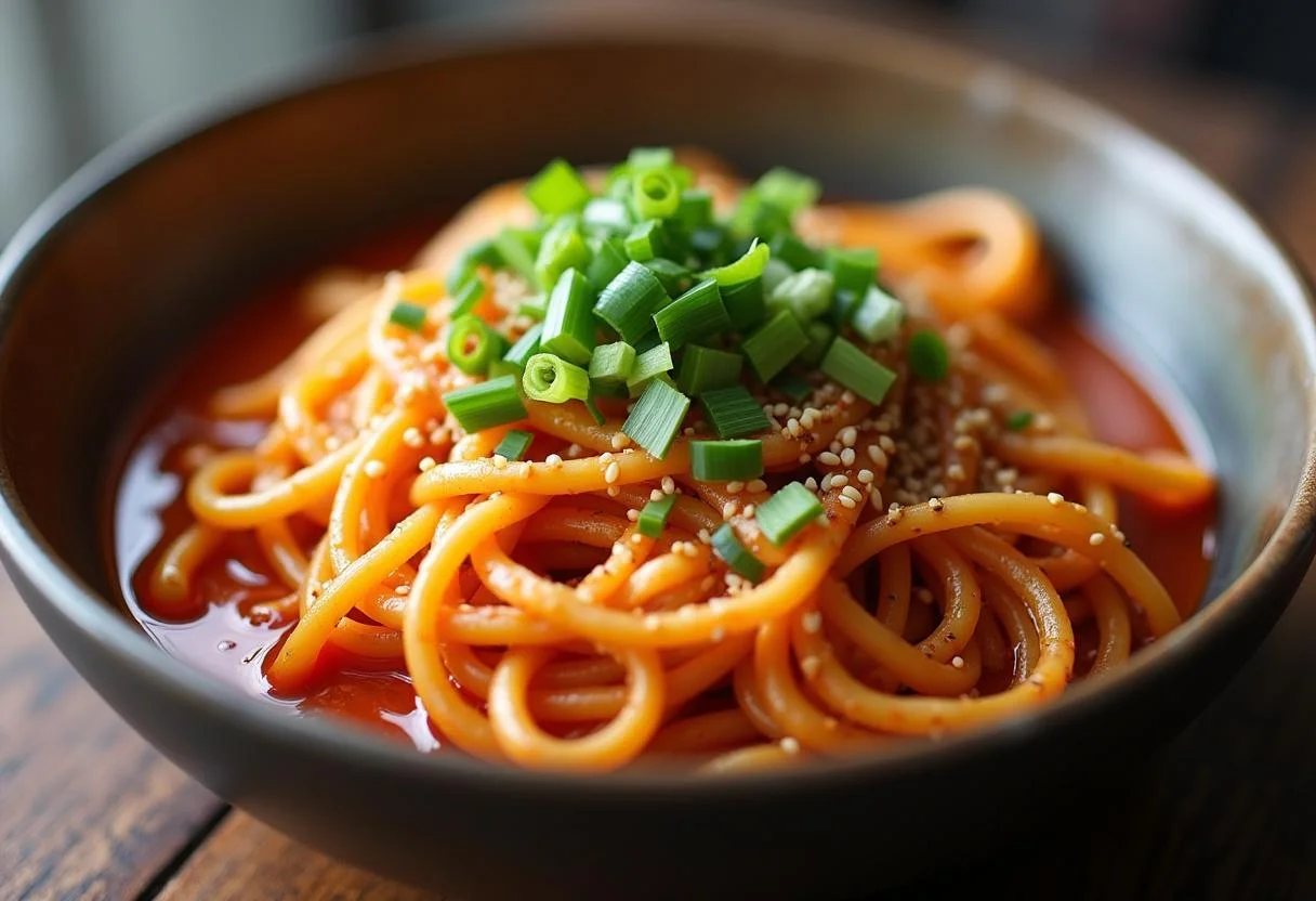 Macarrão coreano apimentado misturado com cebolinhas e gergelim, pronto para servir.