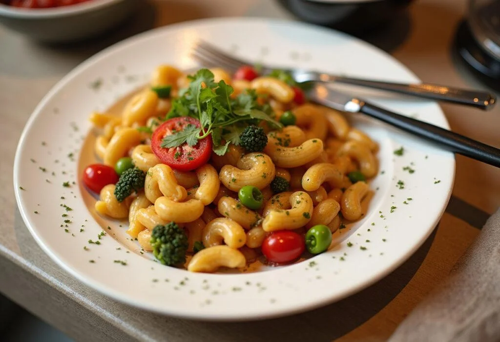 Plated Macarrão Integral com Legumes, a healthy and colorful pasta dish full of nutritious vegetables.