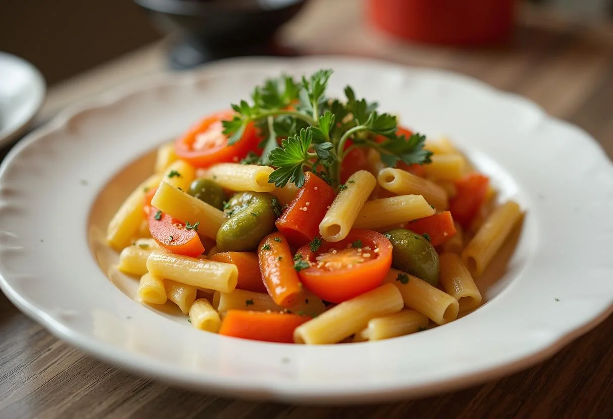Macarrão Integral com Legumes, um prato de massa saudável e colorido, repleto de vegetais nutritivos.