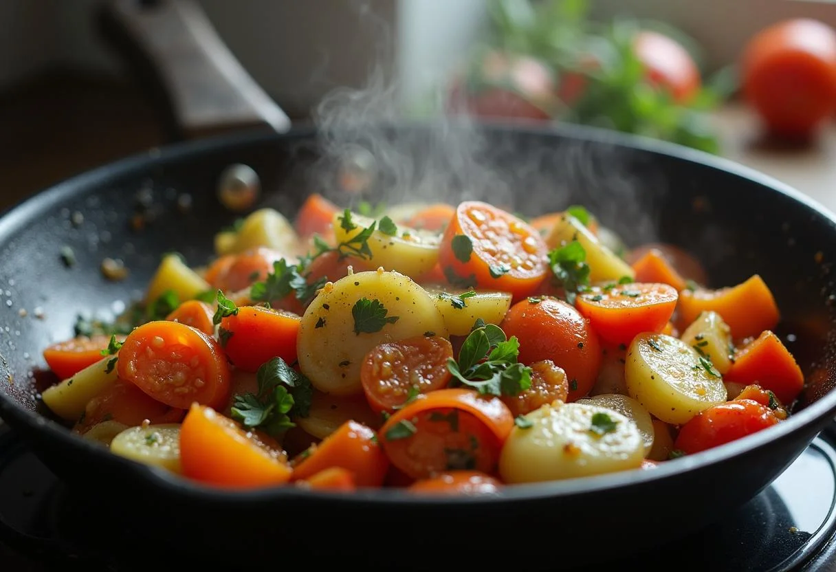 Legumes refogados em azeite e alho, essenciais para realçar o sabor do Macarrão Integral com Legumes.