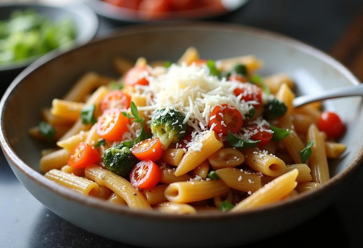 Combinando macarrão integral com legumes coloridos refogados para Macarrão Integral, coberto com parmesão.