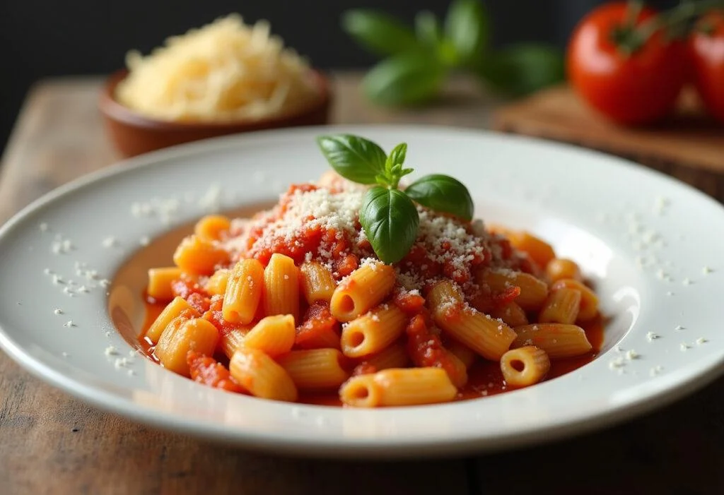 Macarrão padre nosso ao sugo apresentado de forma atraente, ideal para um jantar em família.