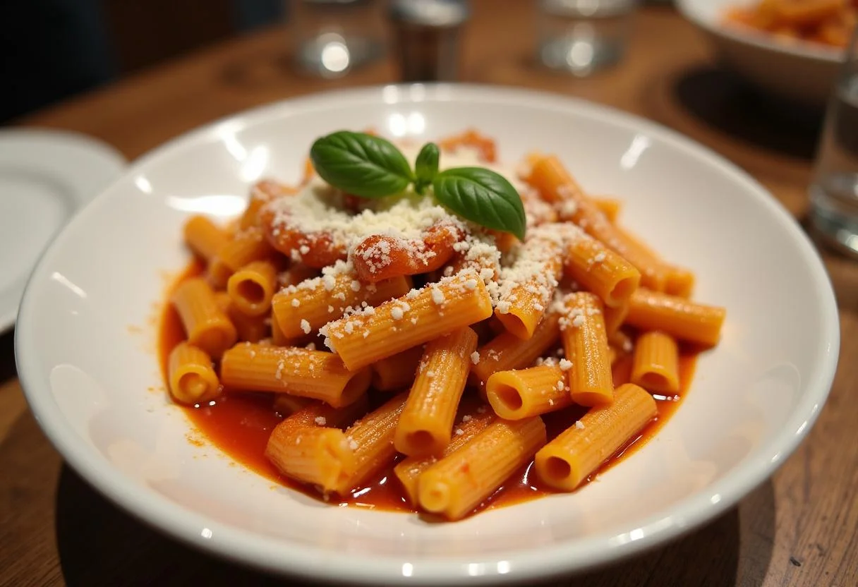 Macarrão padre nosso ao sugo apresentado de forma atraente, ideal para um jantar em família.