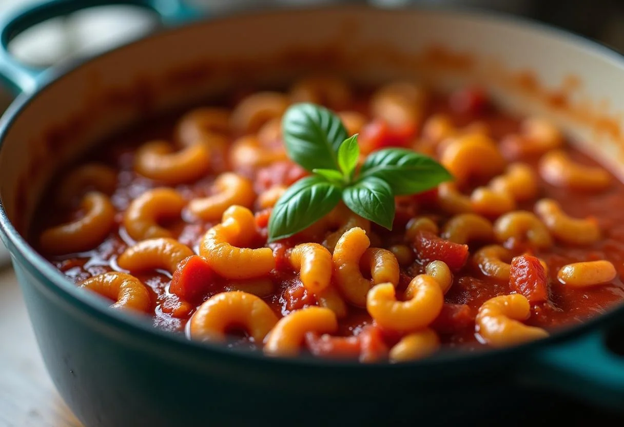 Macarrão padre nosso misturado com molho de tomate fresco e manjericão.