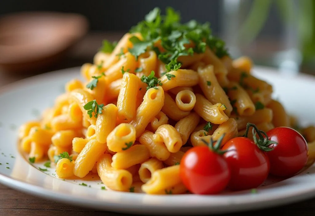Serviço de macarrão proteico integral fit com ervas frescas, ideal para uma refeição nutritiva.