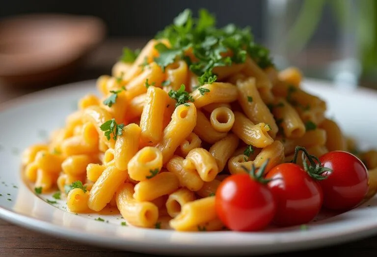 Serviço de macarrão proteico integral fit com ervas frescas, ideal para uma refeição nutritiva.