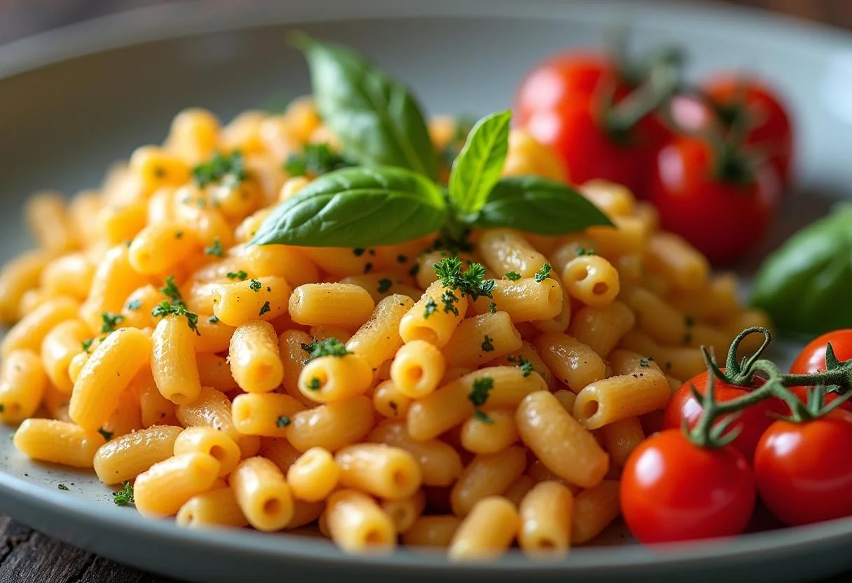 Serviço de macarrão proteico integral fit com ervas frescas, ideal para uma refeição nutritiva.
