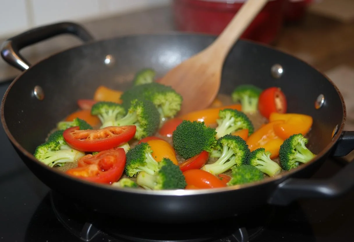 Sautéing fresh vegetables for the macarrão proteico integral fit recipe, garantindo uma refeição saudável.