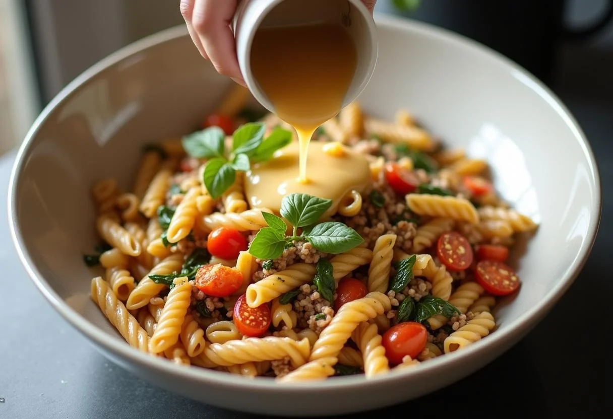 Mixing whole grain pasta with sautéed vegetables and sauce for macarrão proteico integral fit.