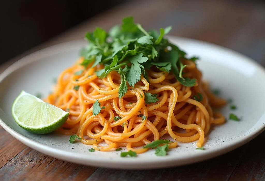 Macarrão de arroz sem glúten urbano servido com ervas frescas e limão, ideal para uma refeição deliciosa.