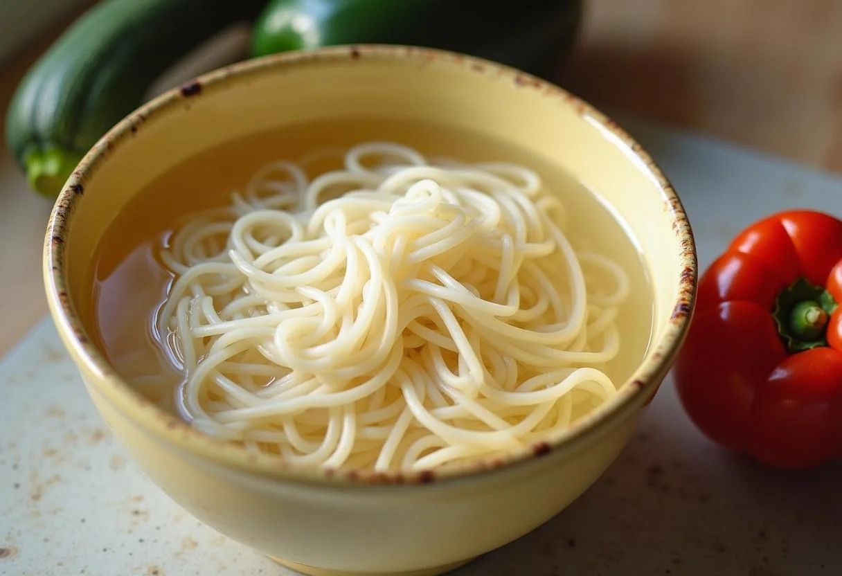 Macarrão de arroz sendo hidratado em água para a receita de macarrão de arroz sem glúten urbano.