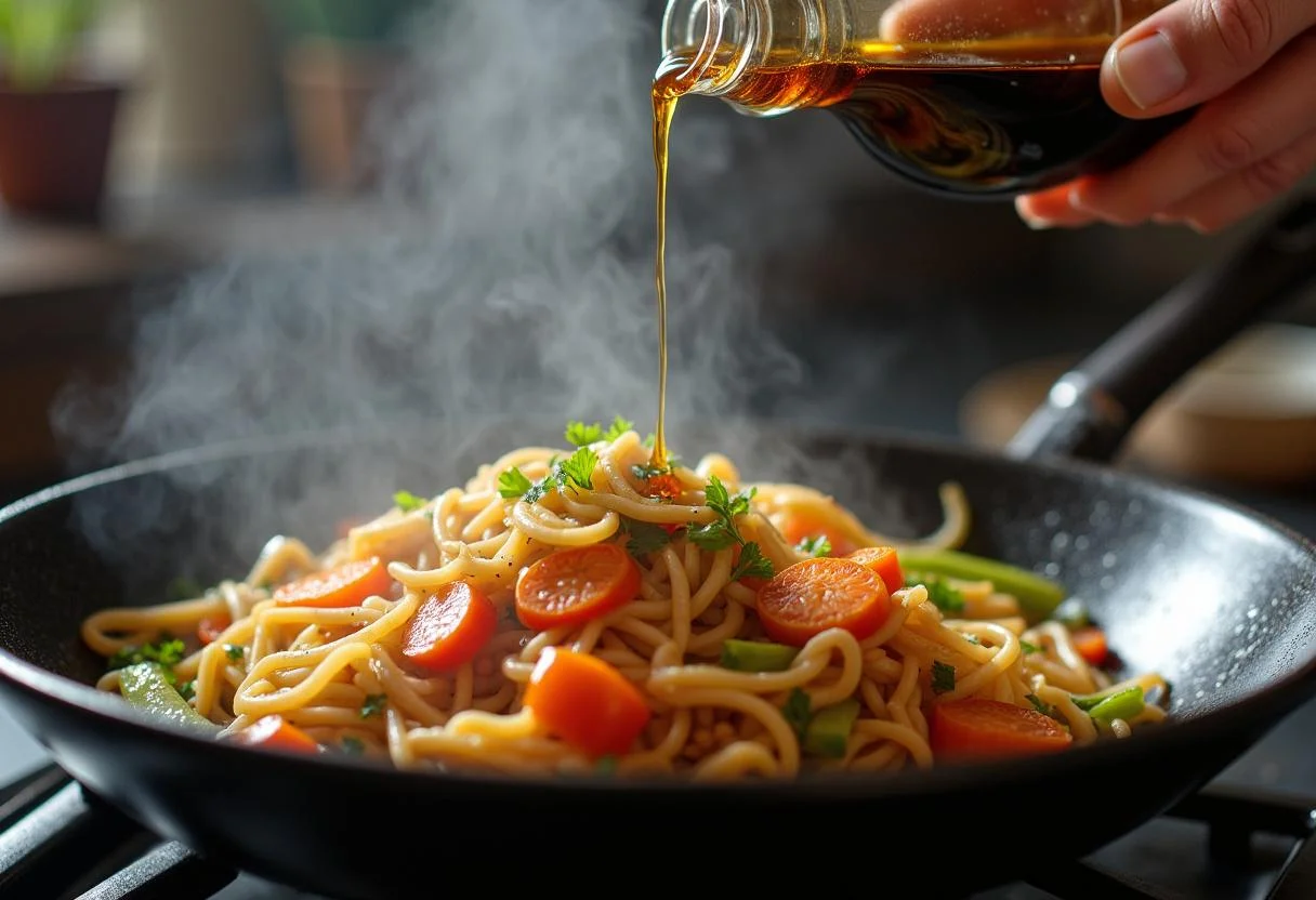 Molho de soja sendo adicionado ao macarrão de arroz e vegetais em uma frigideira.