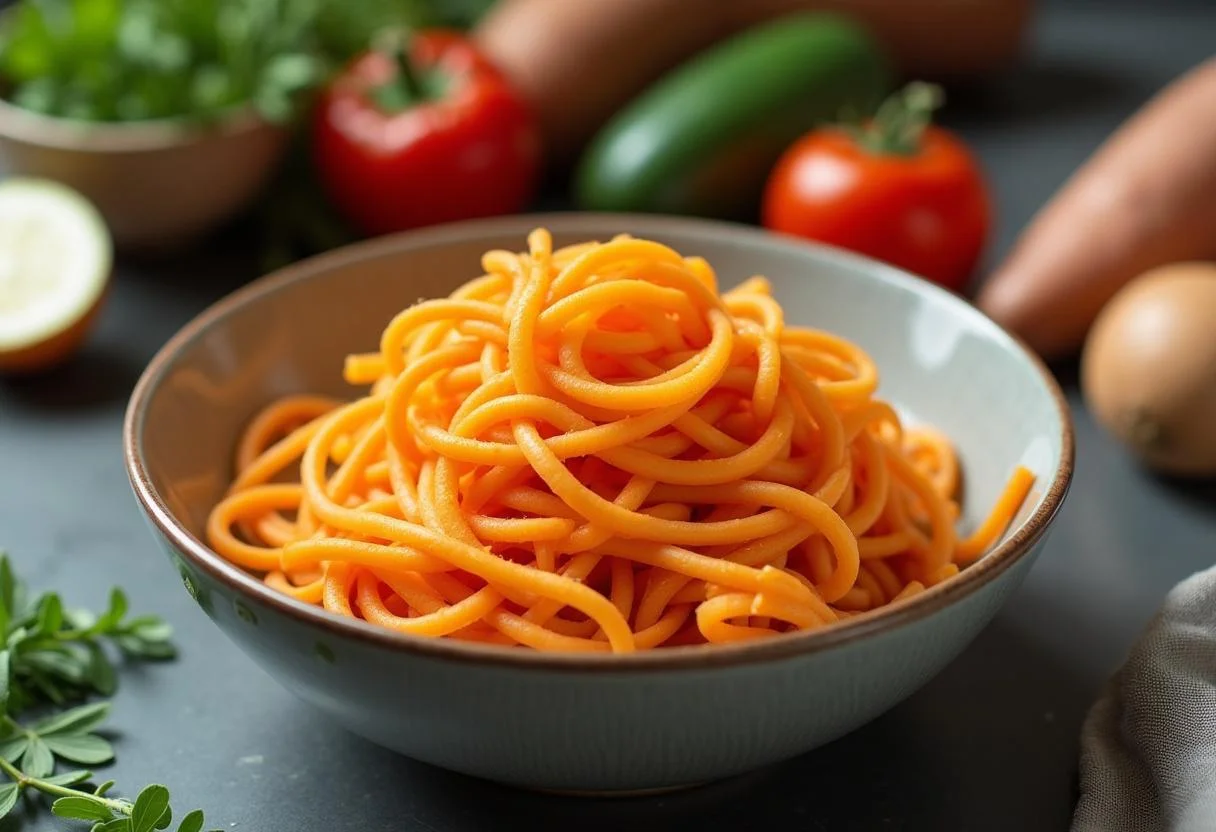 Macarrão de batata doce espiralizado em uma tigela com legumes frescos para uma receita saudável.