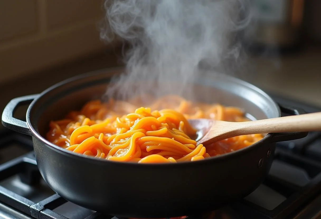 Macarrão de batata doce sendo cozido em água fervente para uma receita fit saudável.