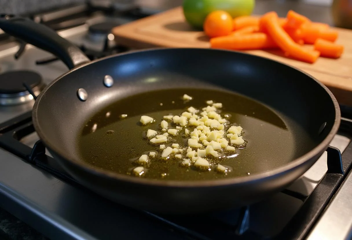Preparação de um refogado de alho e legumes para acompanhar o macarrão de batata doce saudável.