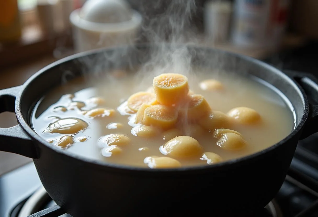 Mandioca roots being added to boiling water for plantio de mandioca.