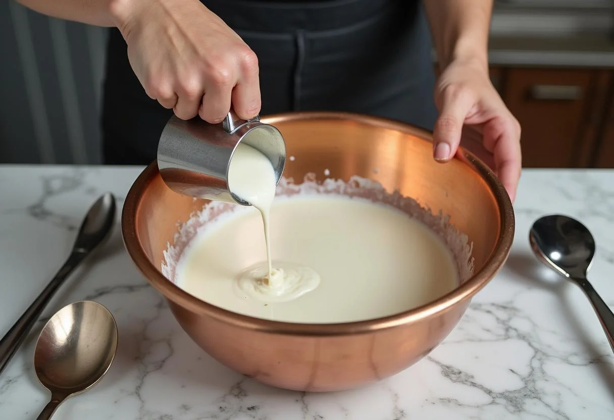 Fresh cream being poured into a bowl for making manteiga bordier.