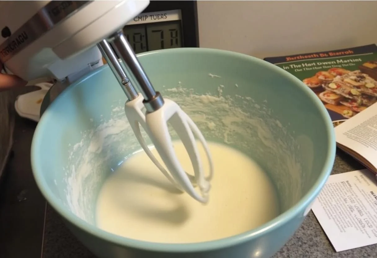Blending cream to make manteiga bordier, showcasing the preparation process.