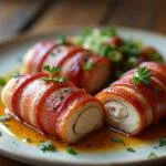 Medalhão de frango com bacon pronto para servir, perfeito para uma refeição especial.