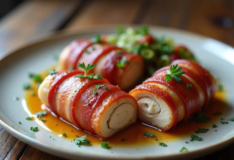 Medalhão de frango com bacon pronto para servir, perfeito para uma refeição especial.
