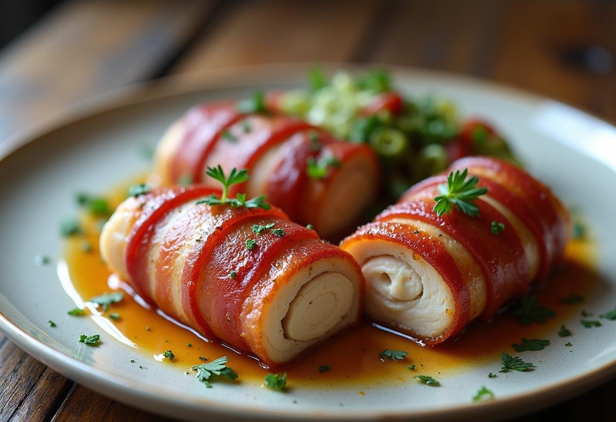 Medalhão de frango com bacon pronto para servir, perfeito para uma refeição especial.