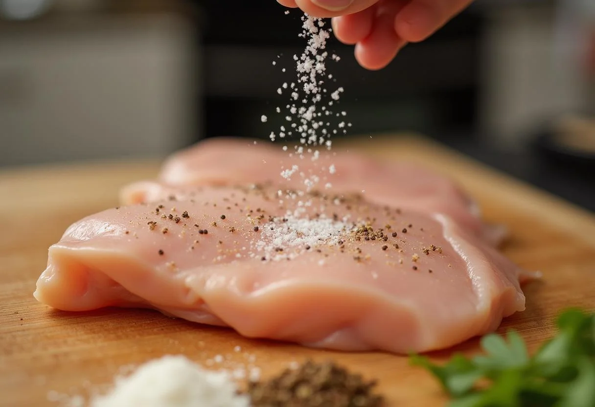 Temperando filés de frango com sal e pimenta para como fazer um medalhão de frango.