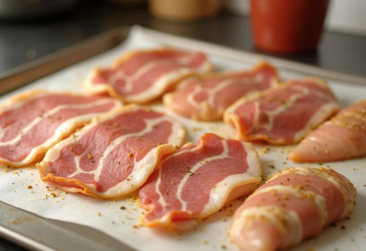 Fatias de bacon sendo preparadas para o medalhão de frango delicioso.