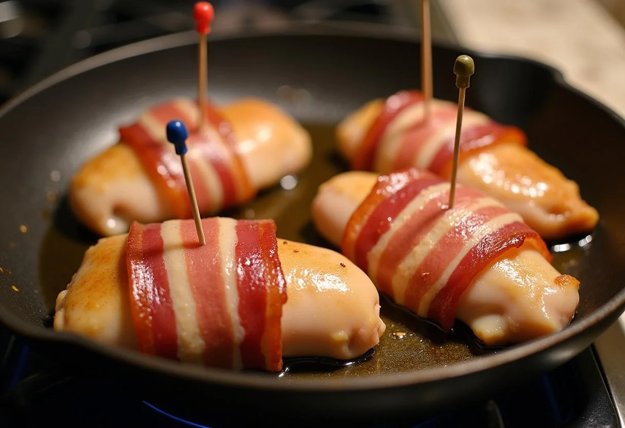 Frango envolto em bacon pronto para ser cozido no medalhão de frango.