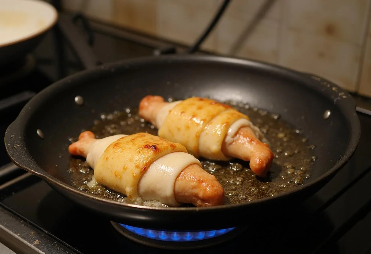 Medalhões de frango com bacon sendo cozidos na frigideira deliciosamente.