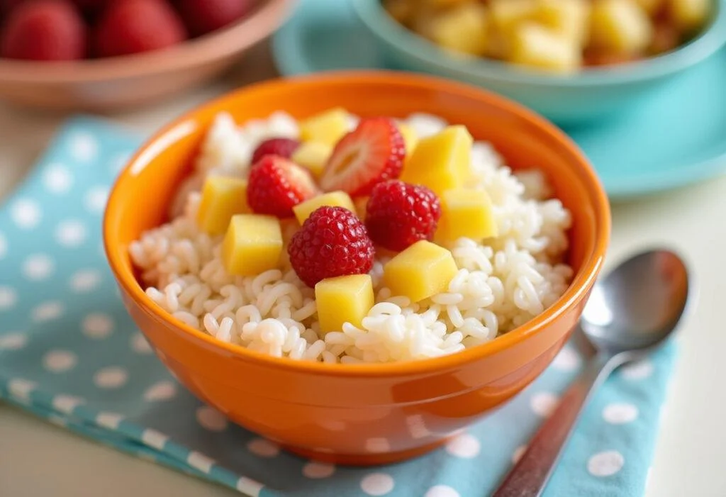 Mingau mucilon de arroz infantil ready to be served, appealing for children.