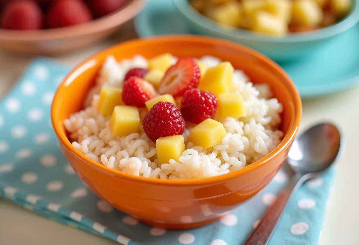 Mingau mucilon de arroz infantil ready to be served, appealing for children.
